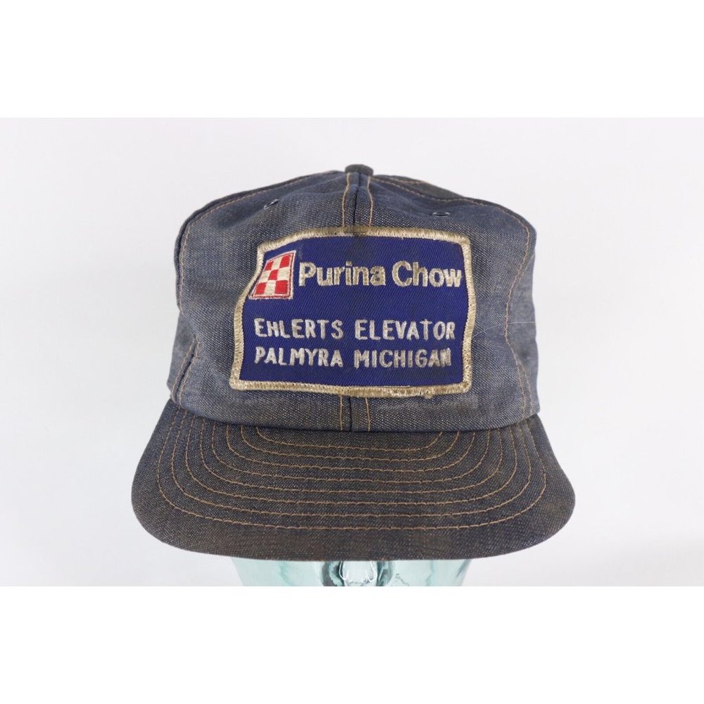 Vintage 70s Louisville Mfg Co Distressed Purina Chow Chambray Denim Snapback Hat